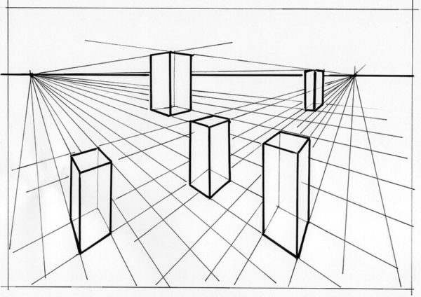 Caixas em formato de caixa de leite em uma grade de perspectiva de dois pontos.
