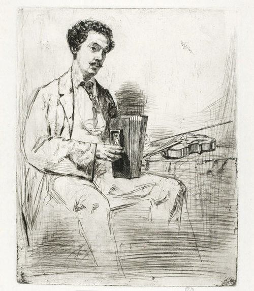 Desenho de Ross Winans por James Abbott McNeill Whistler como exemplo de ponto focal detalhado, mas descanso "inacabado"