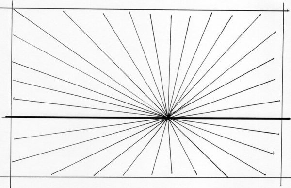 Layout simples de perspectiva de um ponto com horizonte, PF e linhas de convergência.