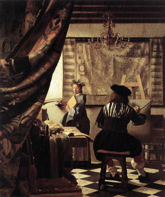 O estúdio do artista por Vermeer, 1665-1667, óleo, 471/4 x 391/2. coleção Kunsthistorisches Museum, Viena, Áustria. Note como a cortina de destaque em primeiro plano à esquerda ajuda criar uma sensação de profundidade na composição, por exemplo, de repoussoir.