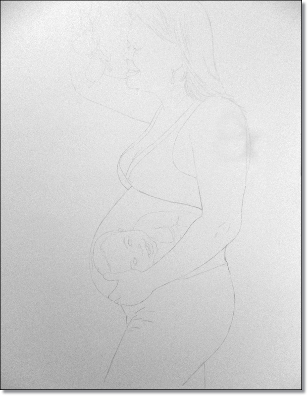 Primeira fase: Esboço de todas as imagens juntas (corpo, cabeça e bebê)