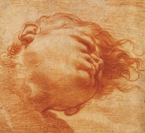Detalhe da cabeça de um Deus do Vento por Agostino Carracci, ca. 1557–1602, giz vermelho sobre papel bege, 125 ÿ8 x 1415ÿ16 Coleção Museus de Arte de 
Harvard, Cambridge, 
Massachusetts.
