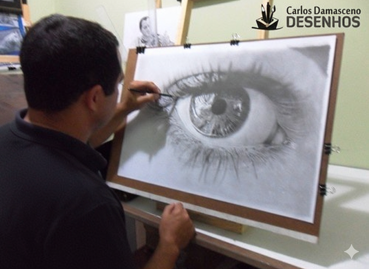 Estudos de olhos, boca, cabelo e pele em grafite