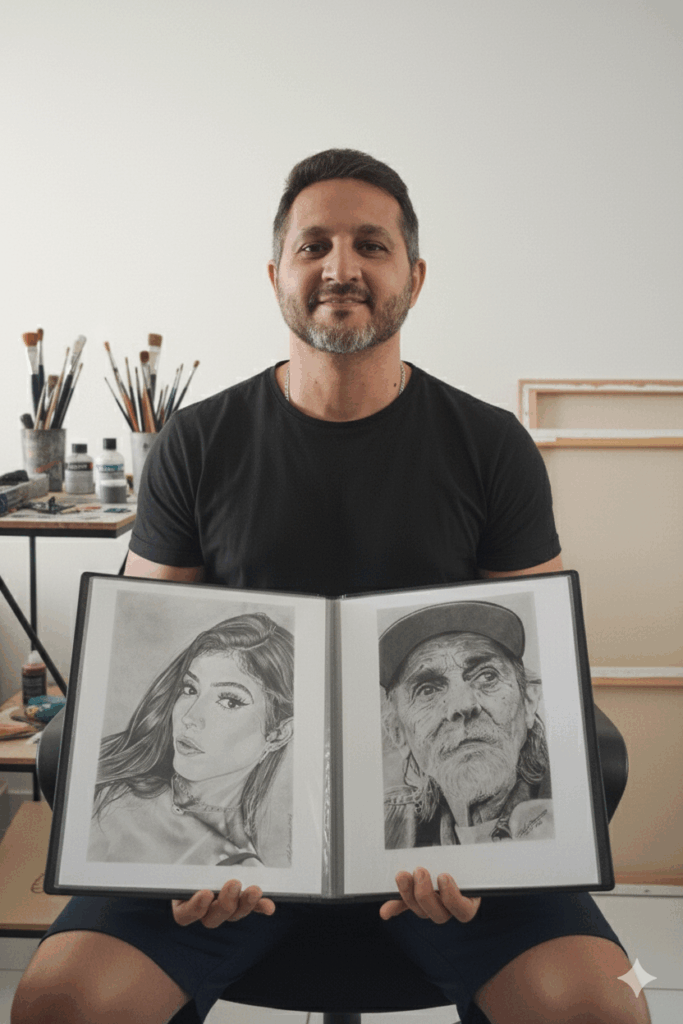 Portfólio de retratos realistas em lápis grafite - Carlos Damasceno