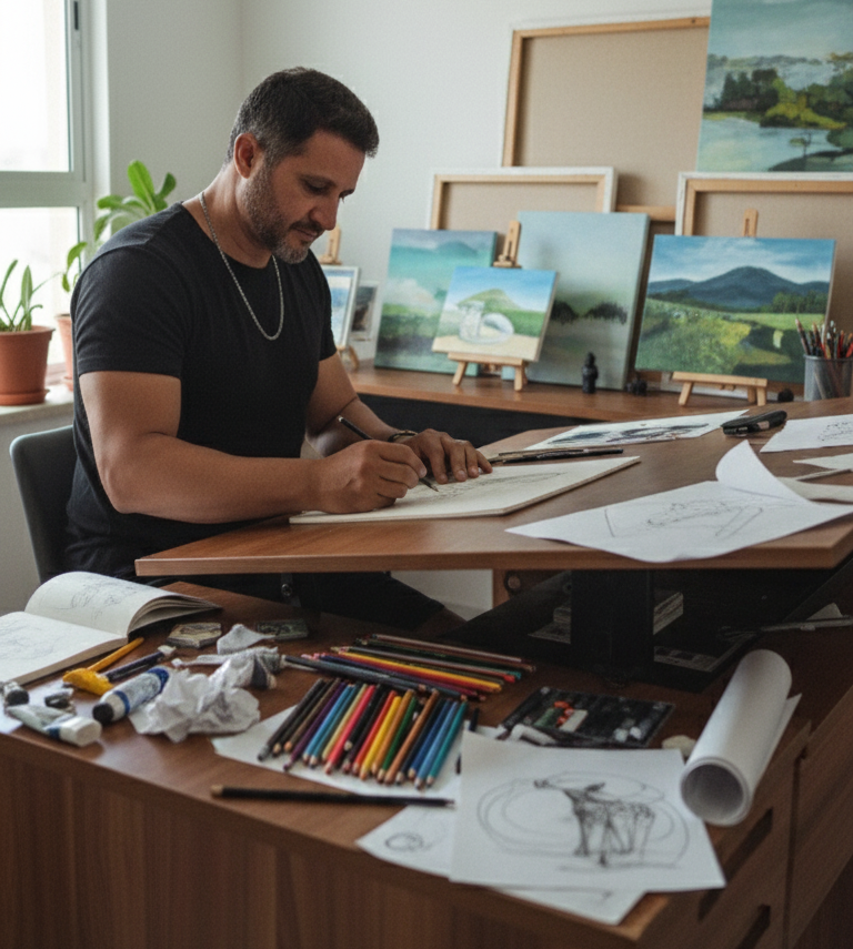 Carlos Damasceno desenhando em estúdio com lápis grafite